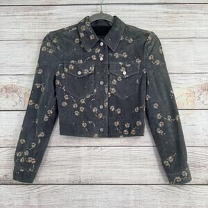 All Saints Floral Lamb Leather Suede Crop Jacket Womens 00 Gray Snap Down